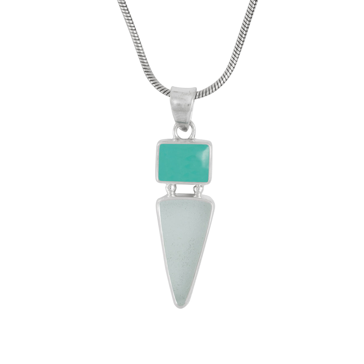 Sterling Silver Pendant With Turquoise Rectangle, Sea Glass Aqua Drop