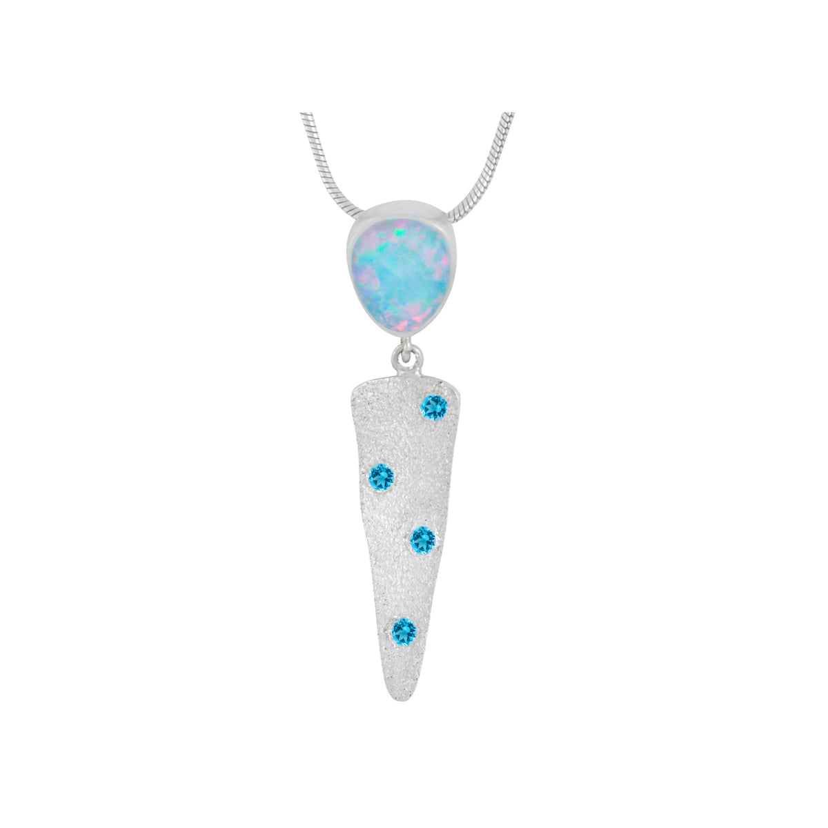 Silver Pendant With Opal Free Form And Blue Topaz Round Facet