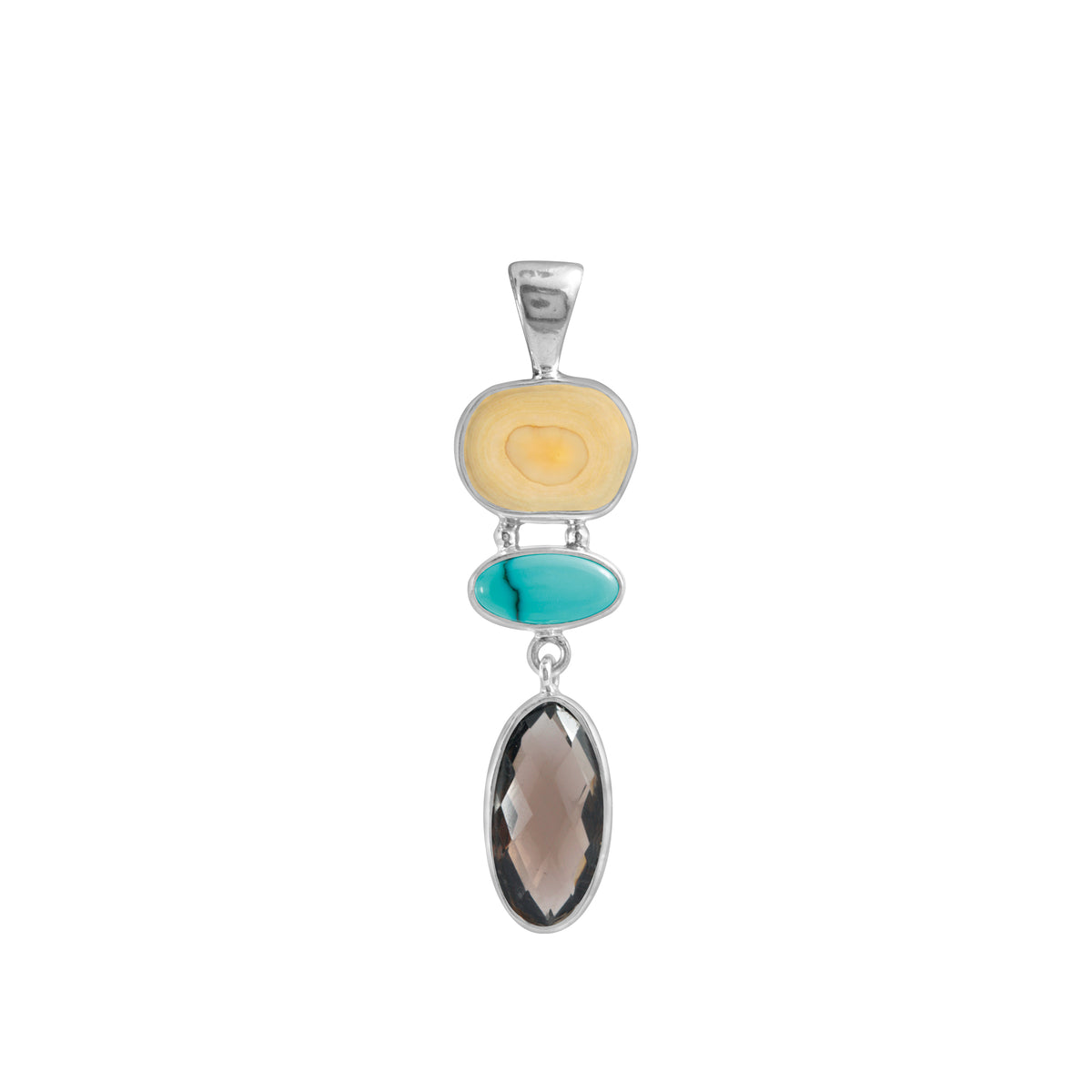 Sterling Silver Pendant With Fossil Ivory Free Form, Turquoise Oval, Smokey Quartz Oval Brio