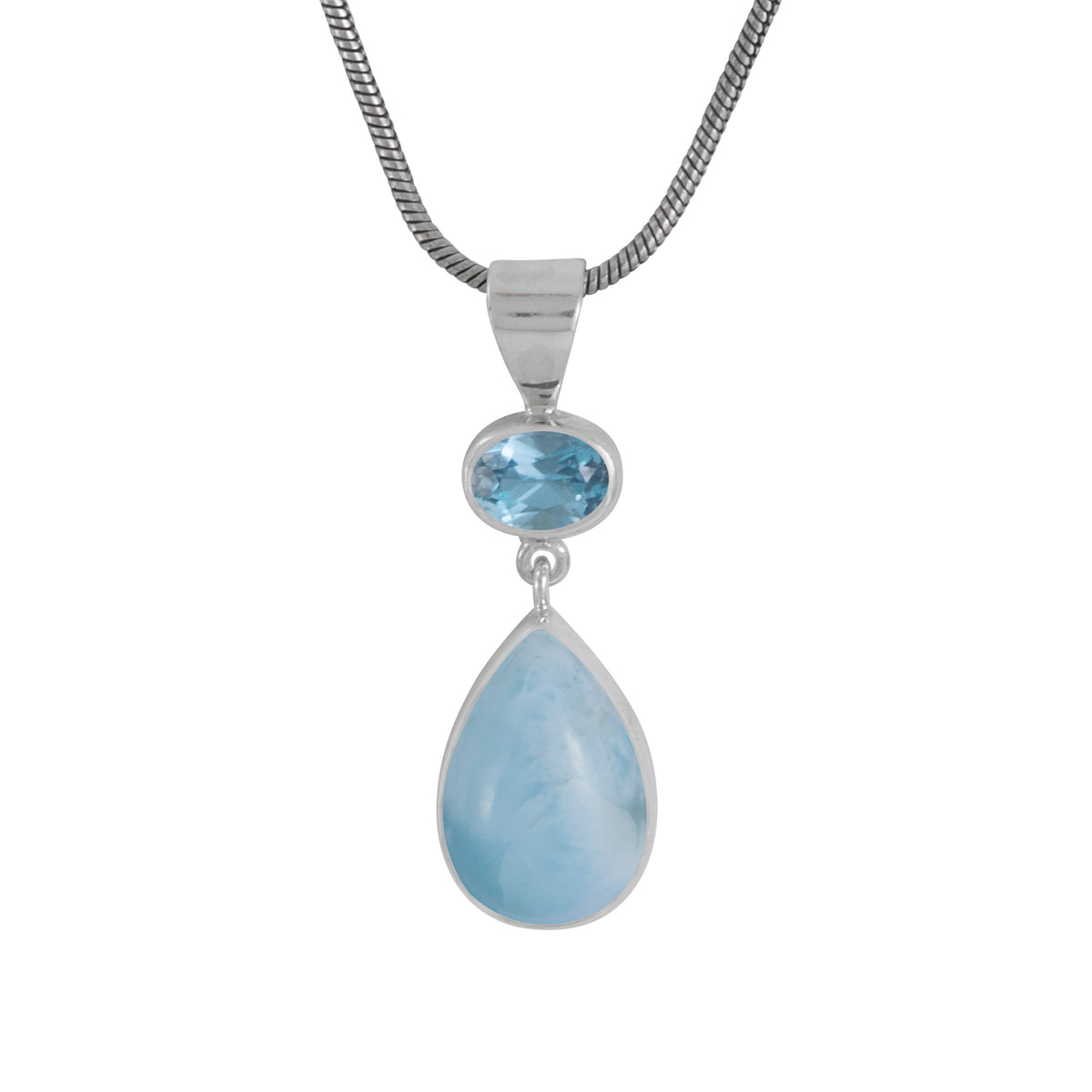 Sterling Silver Pendant With Blue Topaz Oval, Larimar Pear Drop