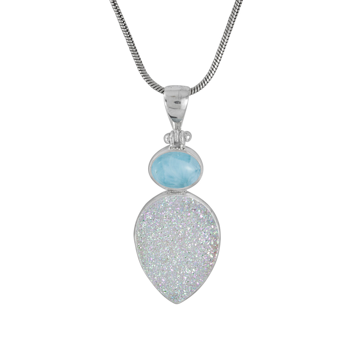 Sterling Silver Pendant With Larimar Oval, Druzy Opal Pear