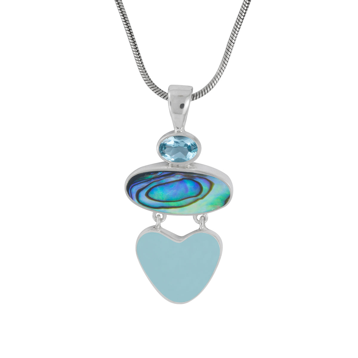 Sterling Silver Pendant With Blue Topaz Oval, Paua Blue Topaz, Sea Glass Aqua