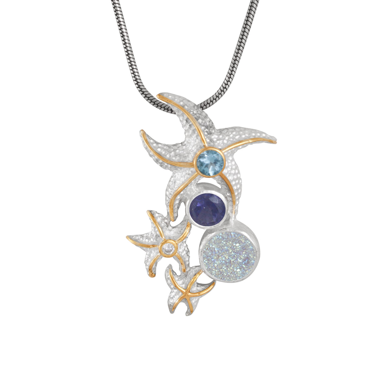 Sterling Silver Pendant Star Fish Component With Blue Topaz, Iolite Round Facet, Druzy Opal Round