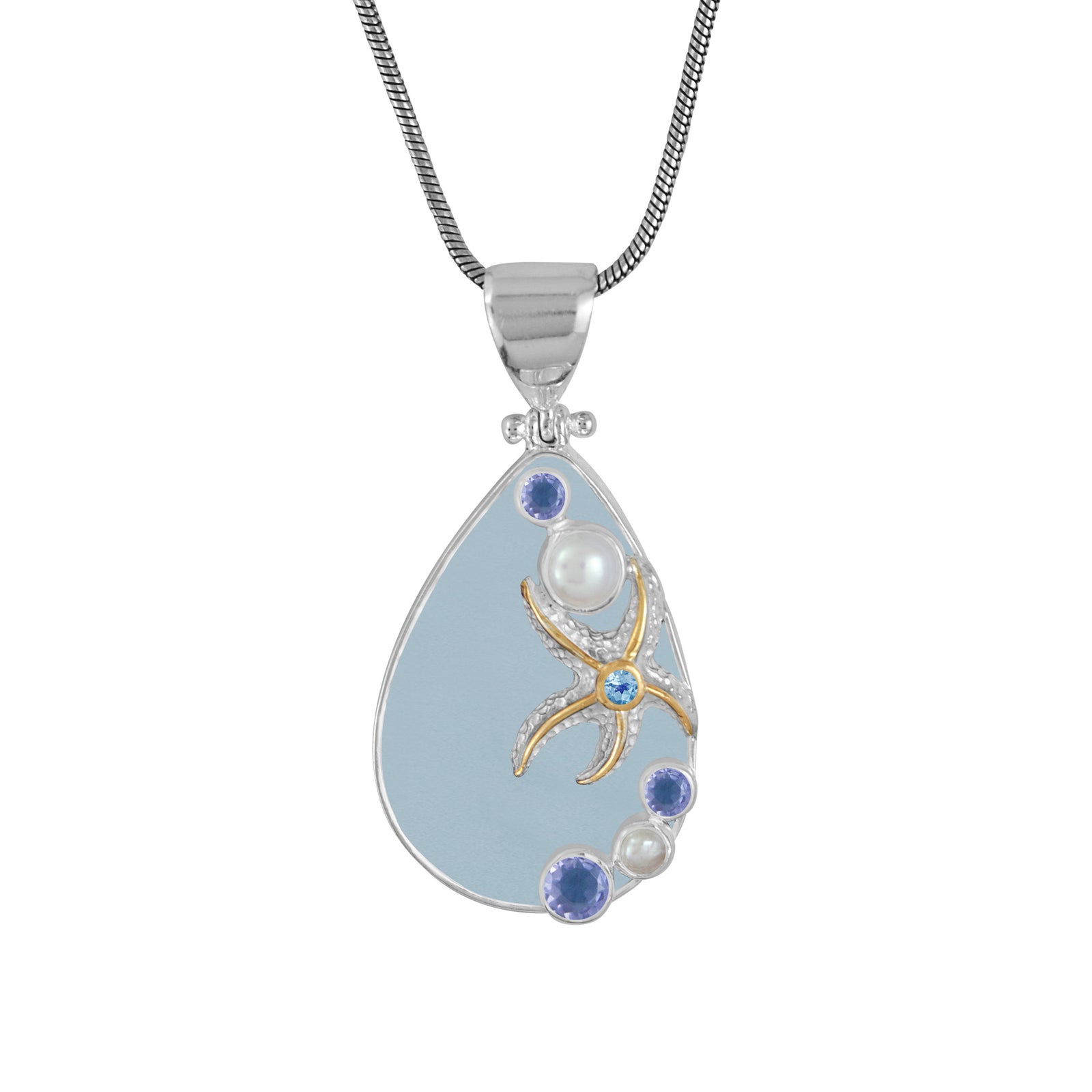 Cobalt Blue Sea Glass Pendant with Cascading Gems and Starfish
