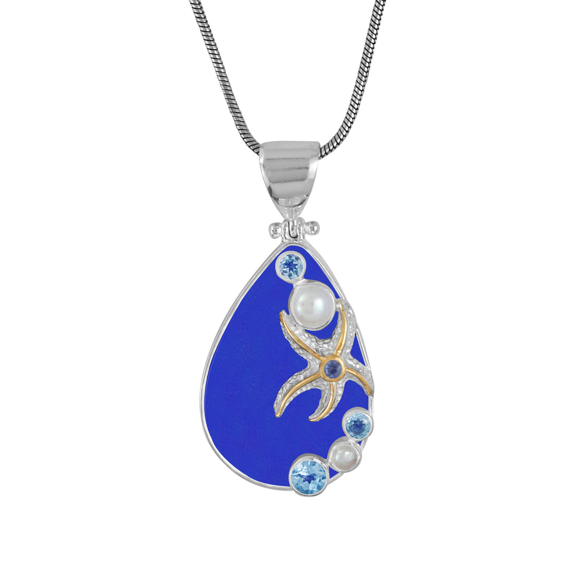 Cobalt Blue Sea Glass Pendant with Cascading Gems and Starfish