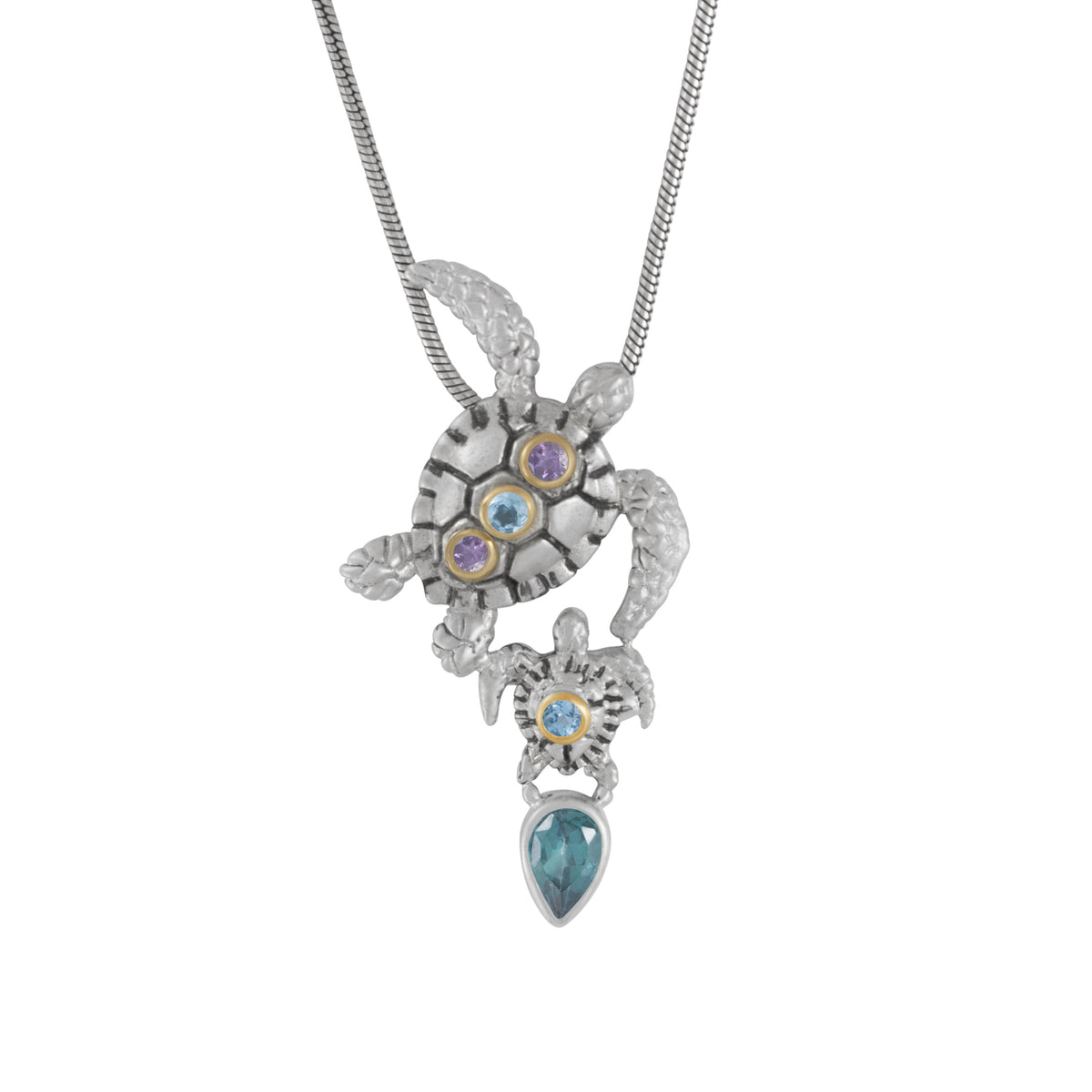Sterling Silver Pendant Turtle Component With Blue Topaz, Amethyst Round Facet