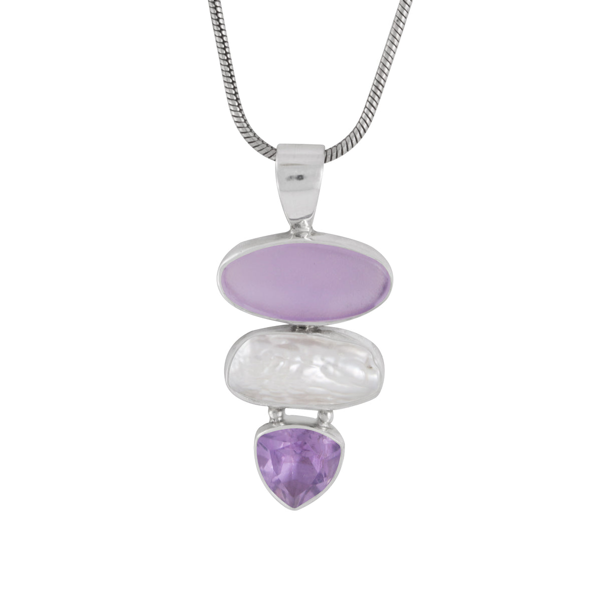 Sterling Silver Pendant With Sea Glass Red, Pearl Biwa, Garnet Triangle Facet