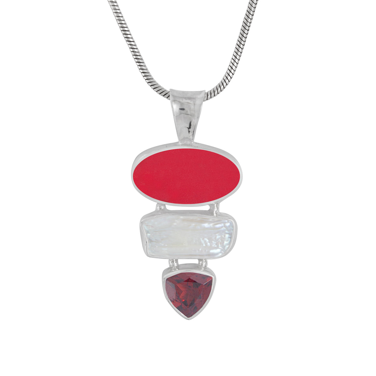 Sterling Silver Pendant With Sea Glass Red, Pearl Biwa, Garnet Triangle Facet
