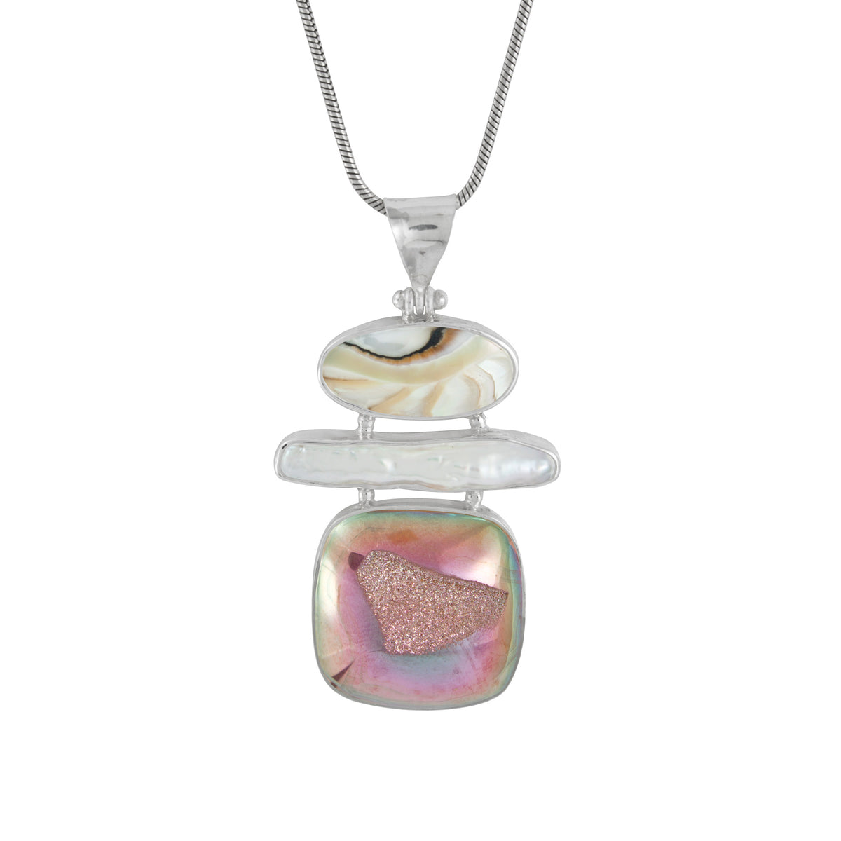 Gorgeous Pendant with Nautilas Shell ,Pearl &amp; Spanish Rose colored Druze
