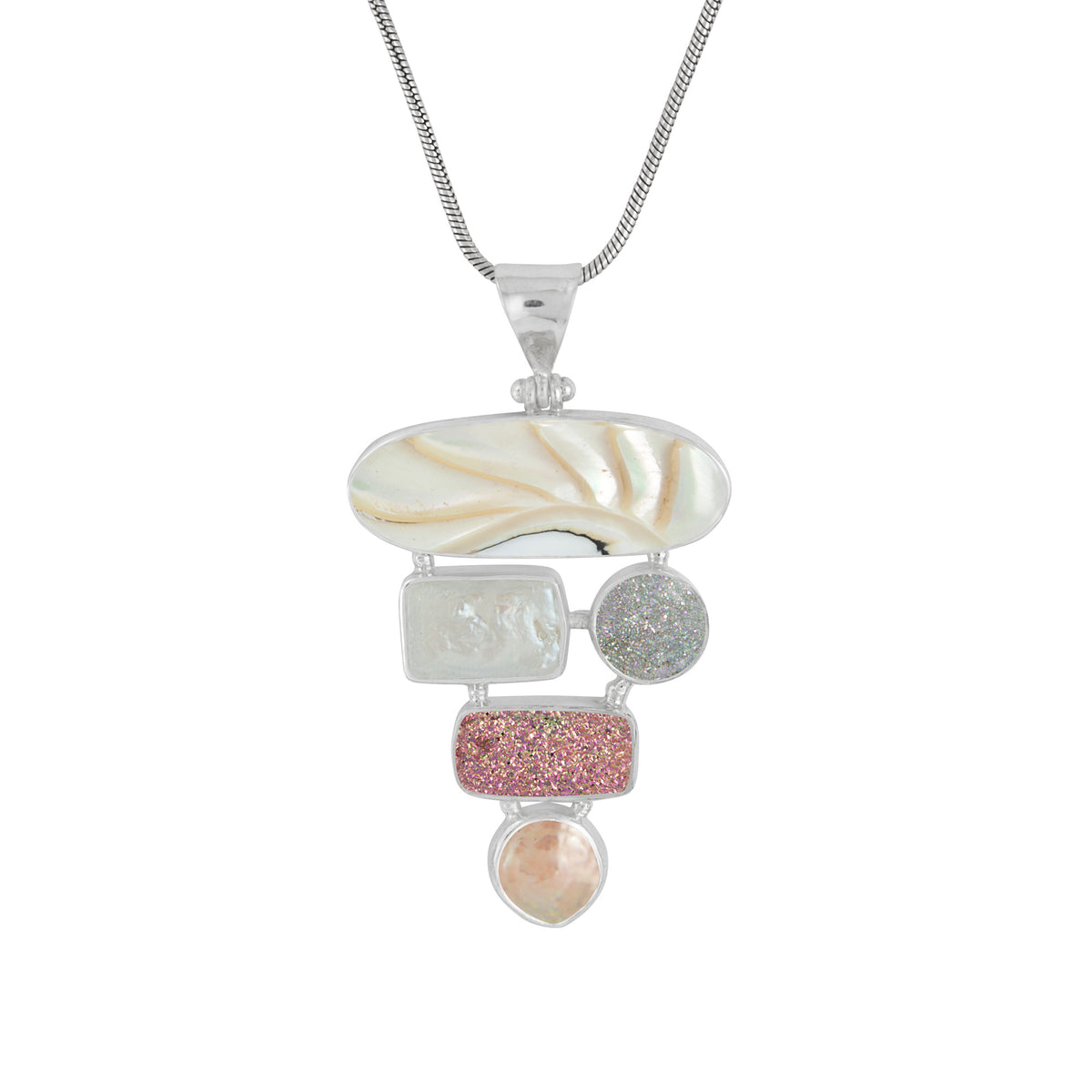 Sterling Silver Pendant With Shell Nautilas Oval,  Pearl, Druzy Opal And Mocha