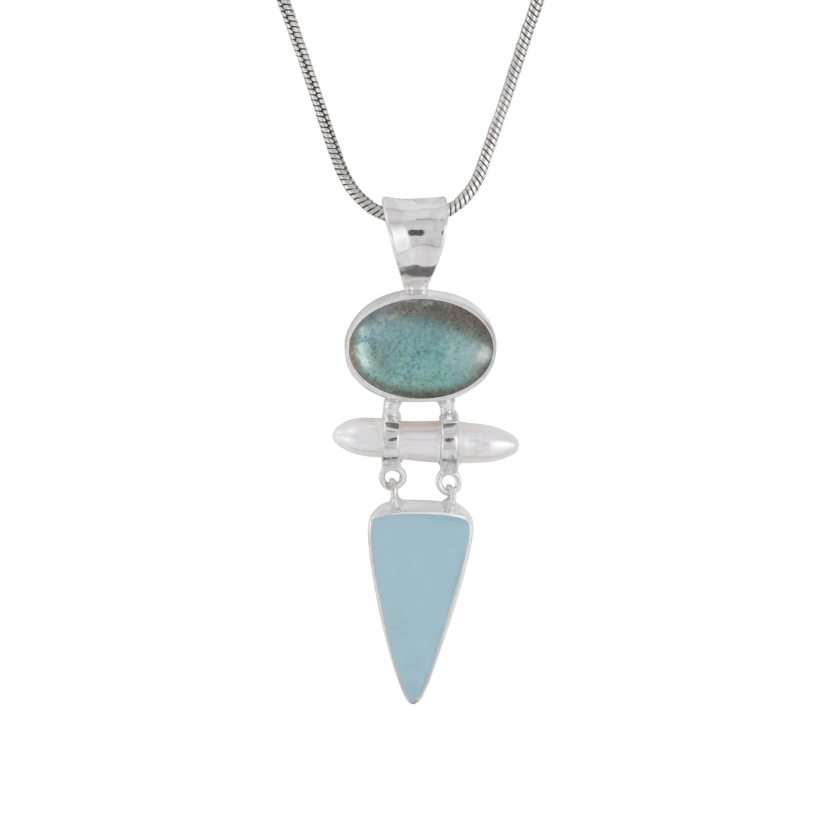 Sterling Silver Pendant With Labradorite Oval, Pearl, Sea Glass Aqua