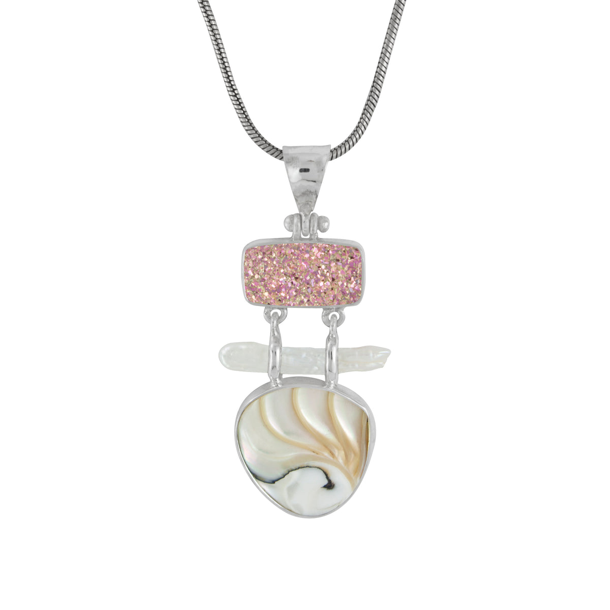 Sterling Silver Pendant With Druzy Straberry Mocha Rectangle, Pearl, Shell Nautilas
