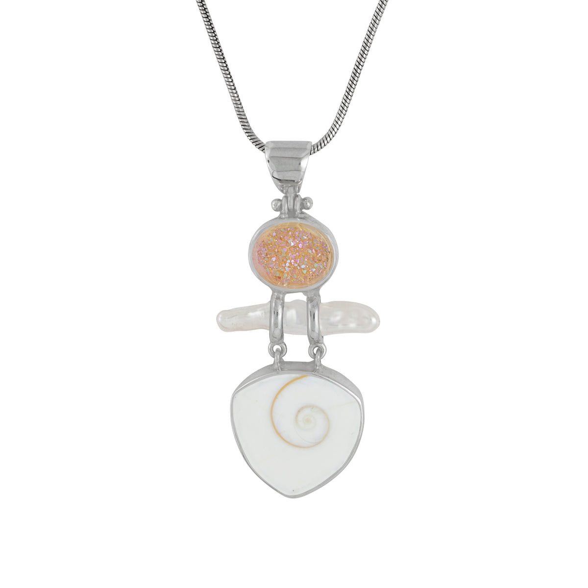 Sterling Silver Pendant With Druzy Bronze Oval, Pearl, Shell Spiral Tri