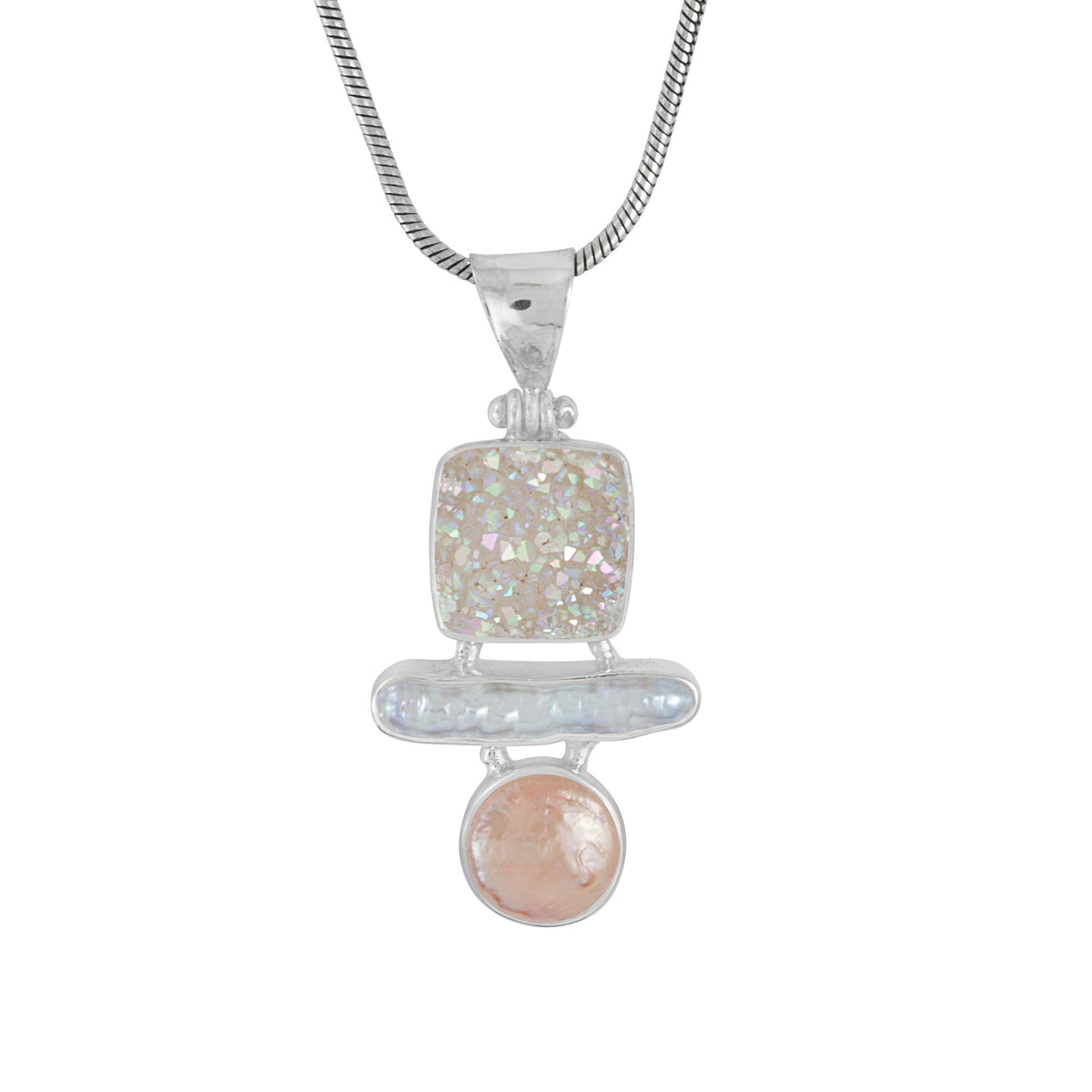 Sterling Silver Pendant With Druzy Opal Square, Pearl Stick &amp; Peach Coin