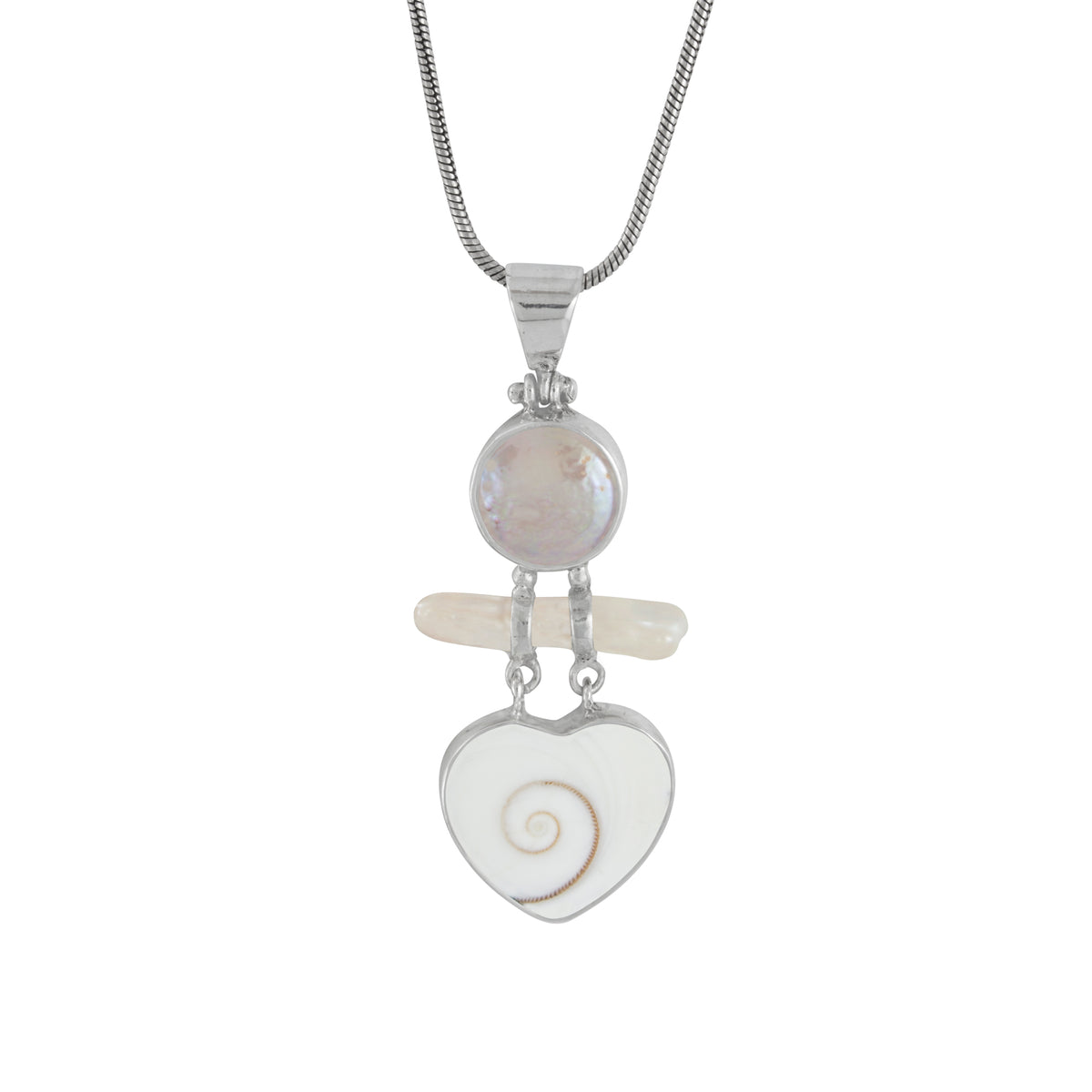 Sterling Silver Pendant With Pearl, Shell Spiral Heart