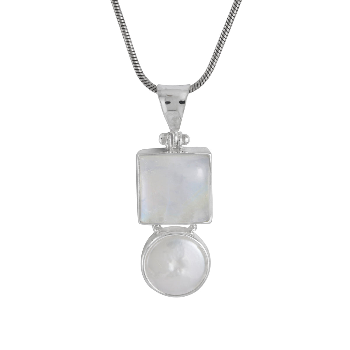 Sterling Silver Pendant With Rainbowmoon Stone Square Cab,  Pearl Coin