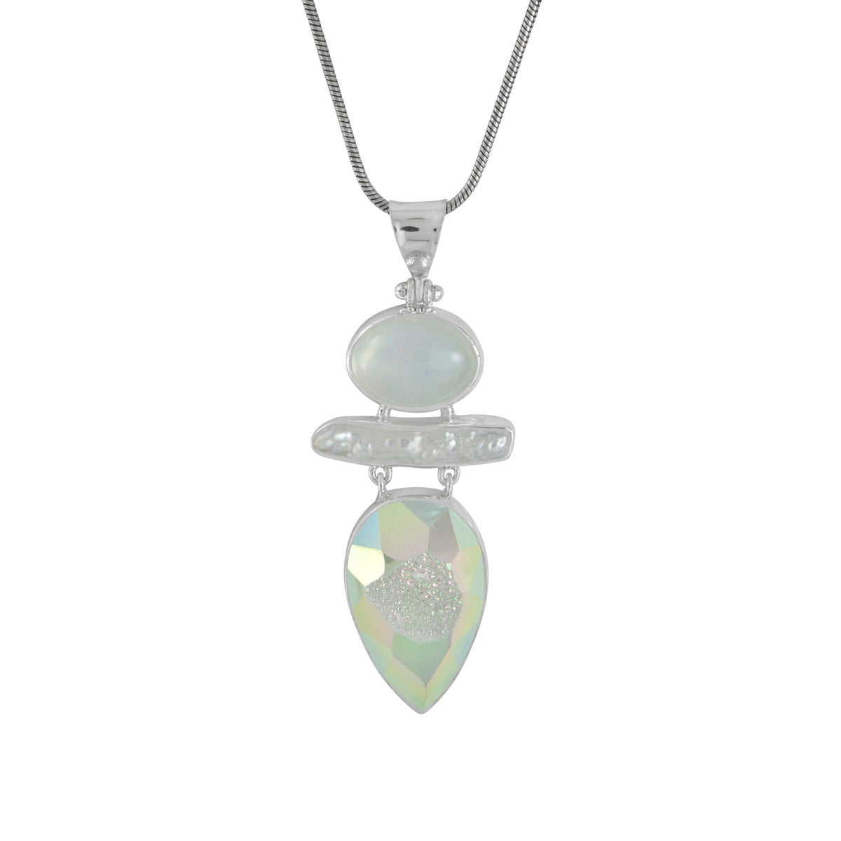 Sterling Silver Pendant With Rainbowmoon Stone Oval Cab, Pearl, Druzy Opal Pear