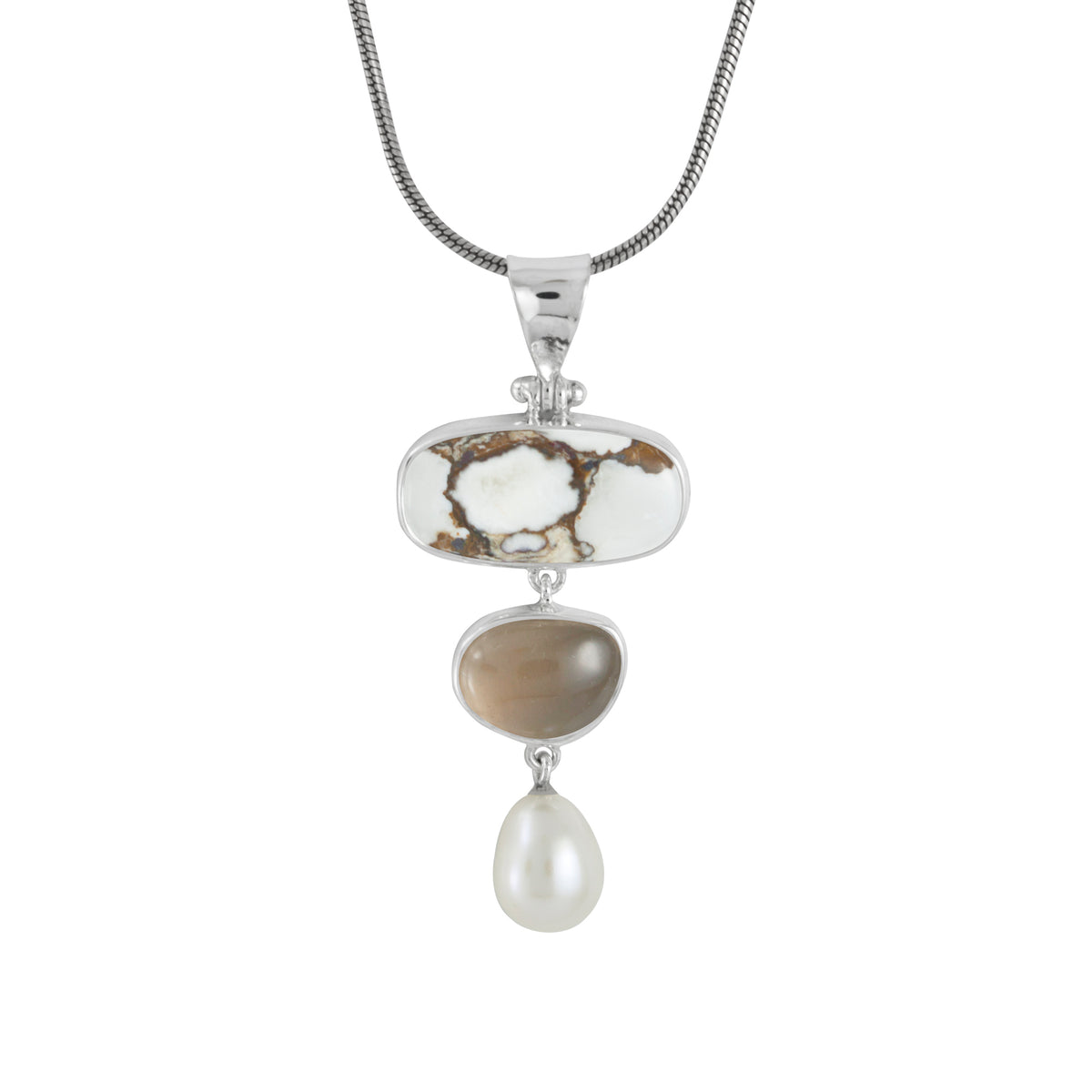 Sterling Silver Pendant With Iron Stone Rectangle Cushion, Smokey Free Form Cab, Pearl