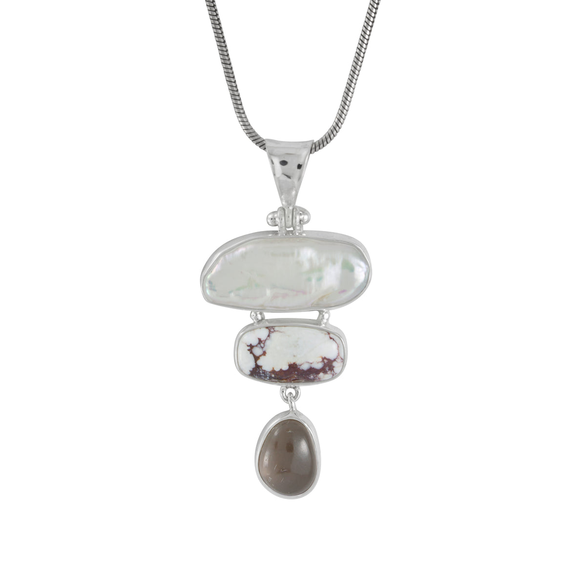 Sterling Silver Pendant With Pearl, Iron StoneRectangle Cushion, Smokey Free Form Cab