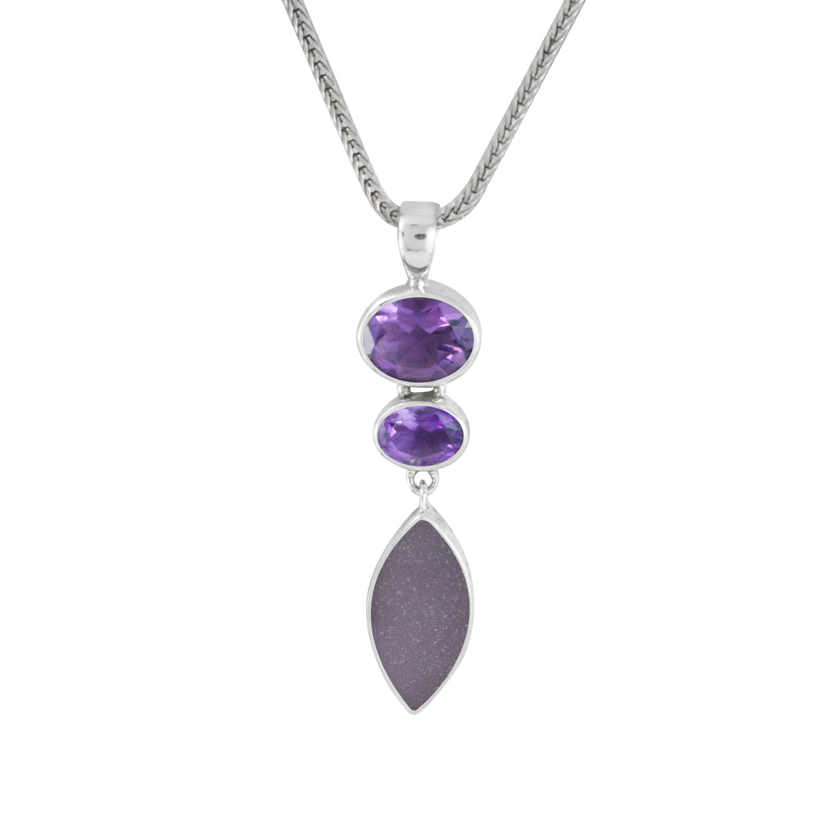 Sterling Silver Pendant With 2 Amethyst Oval Facet,  Sea Glass Lavender
