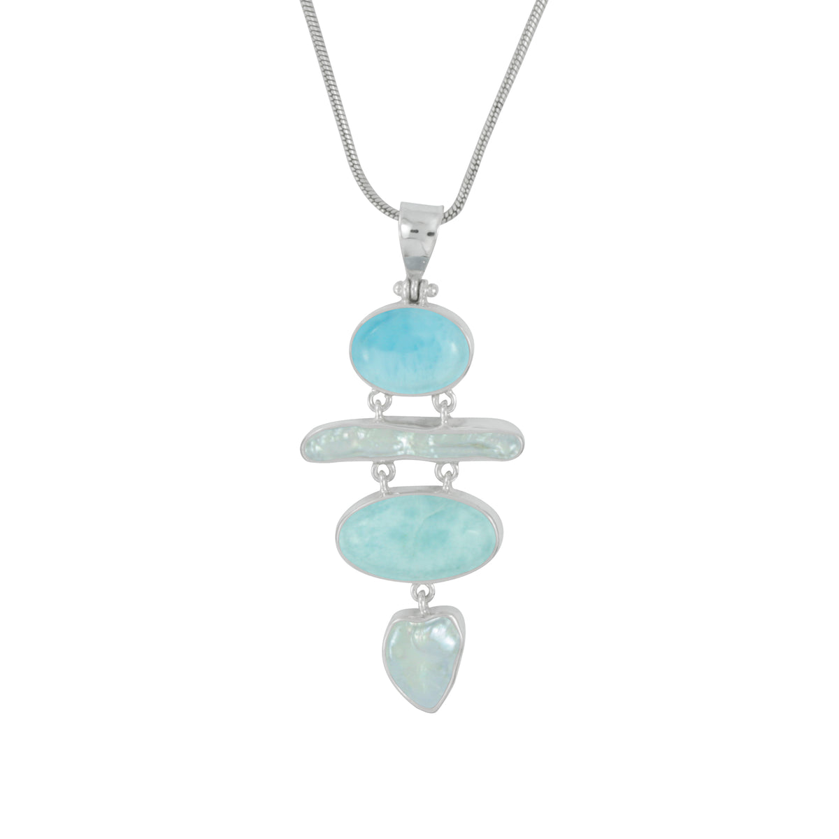 Sterling Silver Pendant With Larimar Oval &amp; Pearl