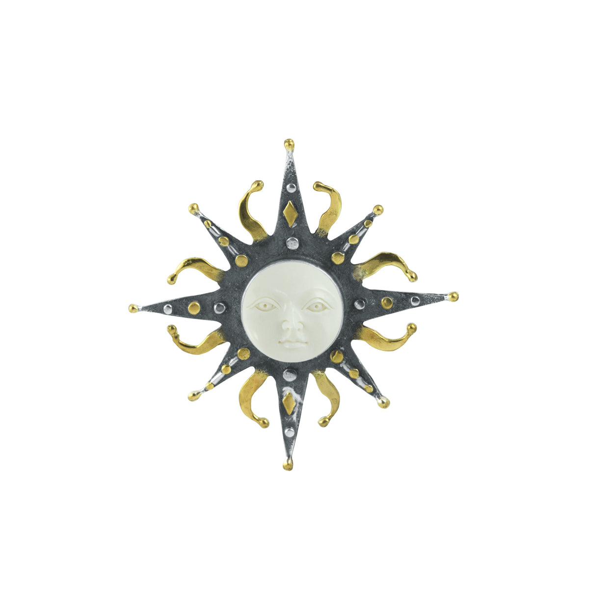 Sterling Silver Antler Sun Face Pin Pendant With Bone Sun Face