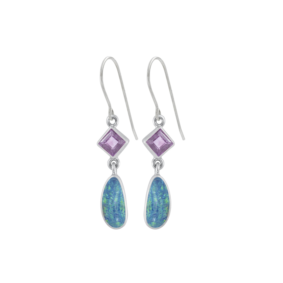Sterling silver Earring With Amethyst Square Facet, Opal Drop