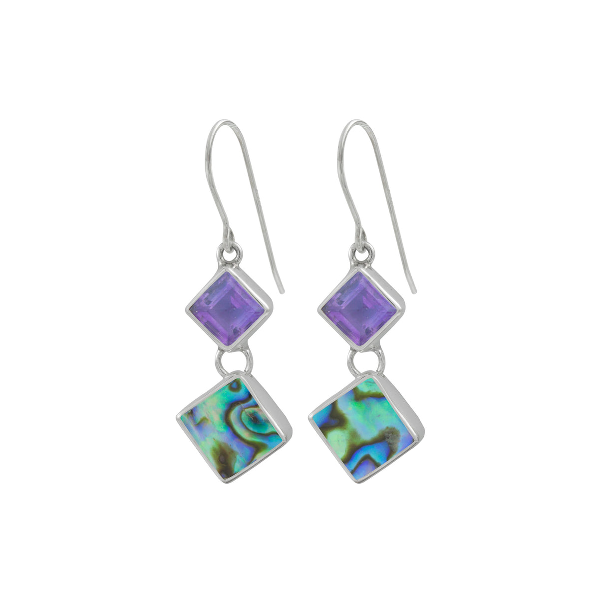 Sterling Silver Earring Hook With Amethyst , Paua Square