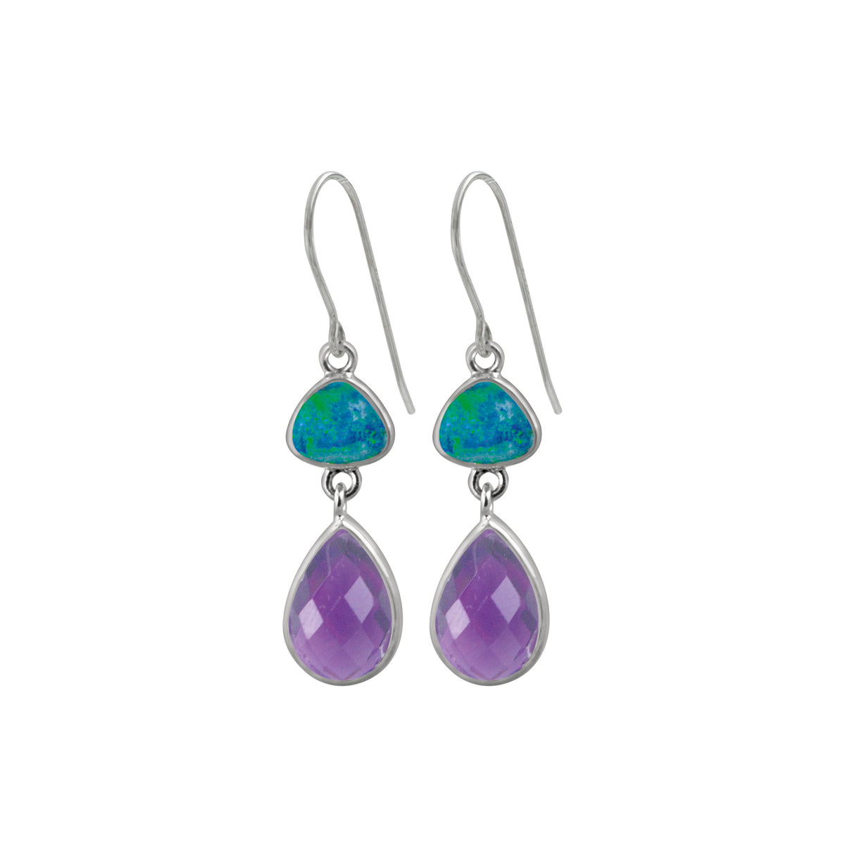 Silver Earring With Opal Free Form &amp; Green Quartz Tear Drop