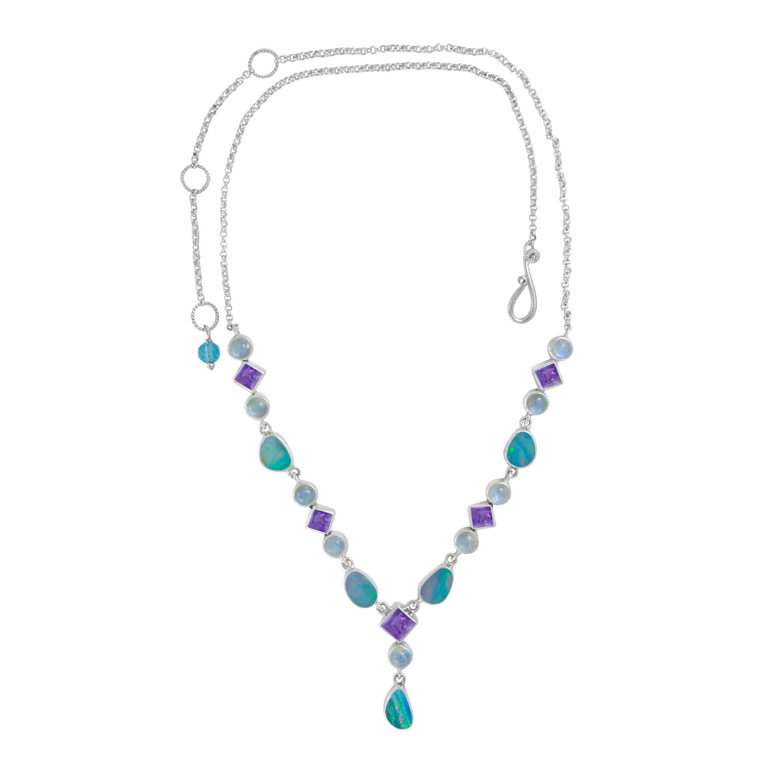 Sterling Silver NEcklace With Opal Free Form, Amethyst Square