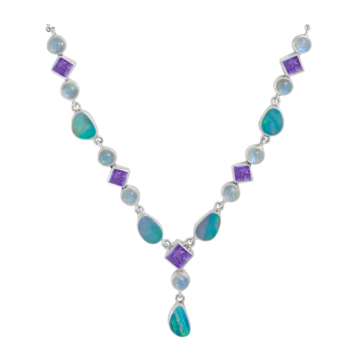 Sterling Silver NEcklace With Opal Free Form, Amethyst Square