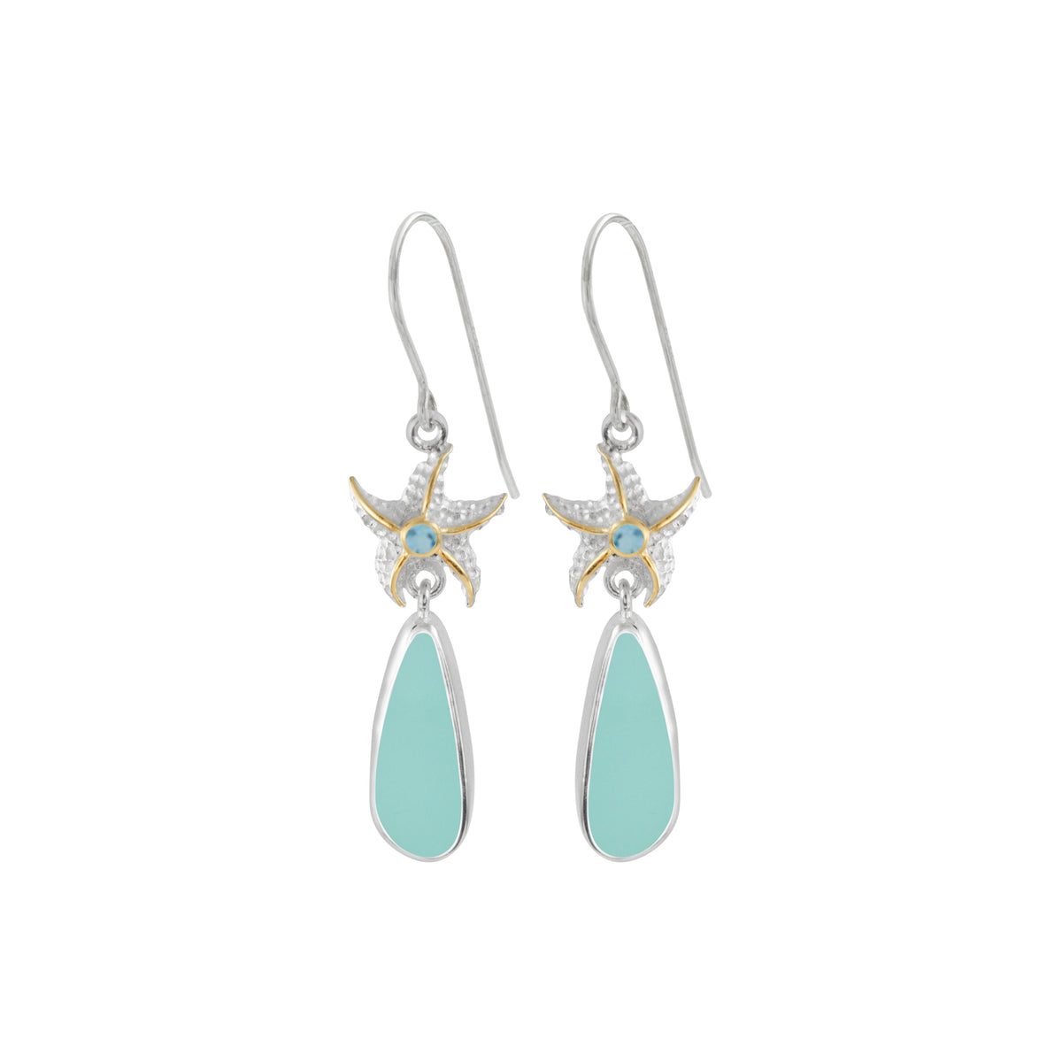 Sterling Silver Earring With Star Coponent, Sea Glass, Iolite,Blue Topaz, Peridot Round