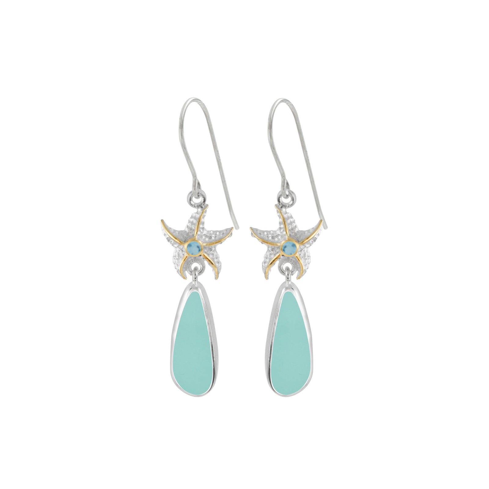 Sterling Silver Earring With Star Coponent, Sea Glass, Iolite,Blue Topaz, Peridot Round