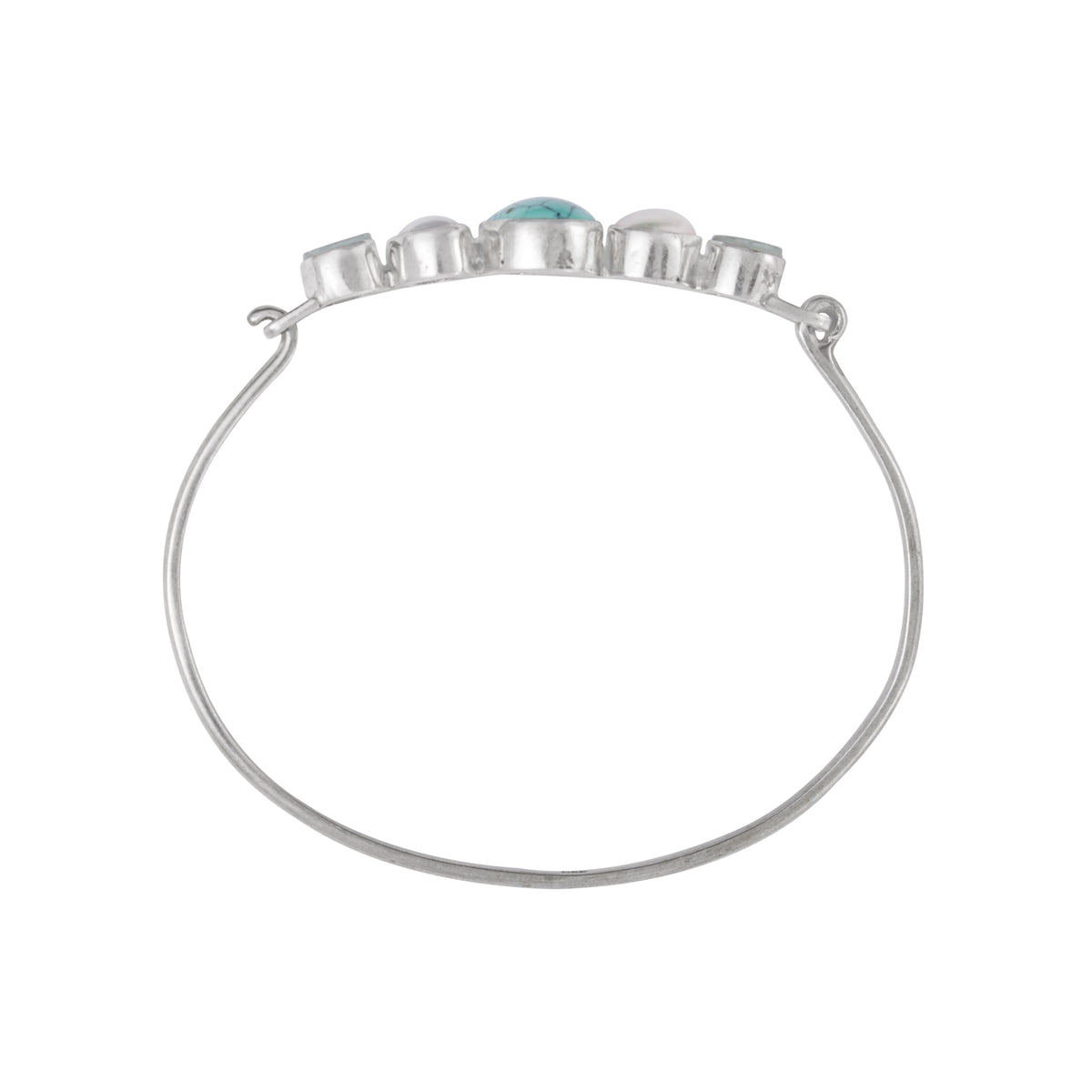 Sterling Silver Bracelet With Turquoise Oval, Pearl Keishi, Sea Glass Aqua