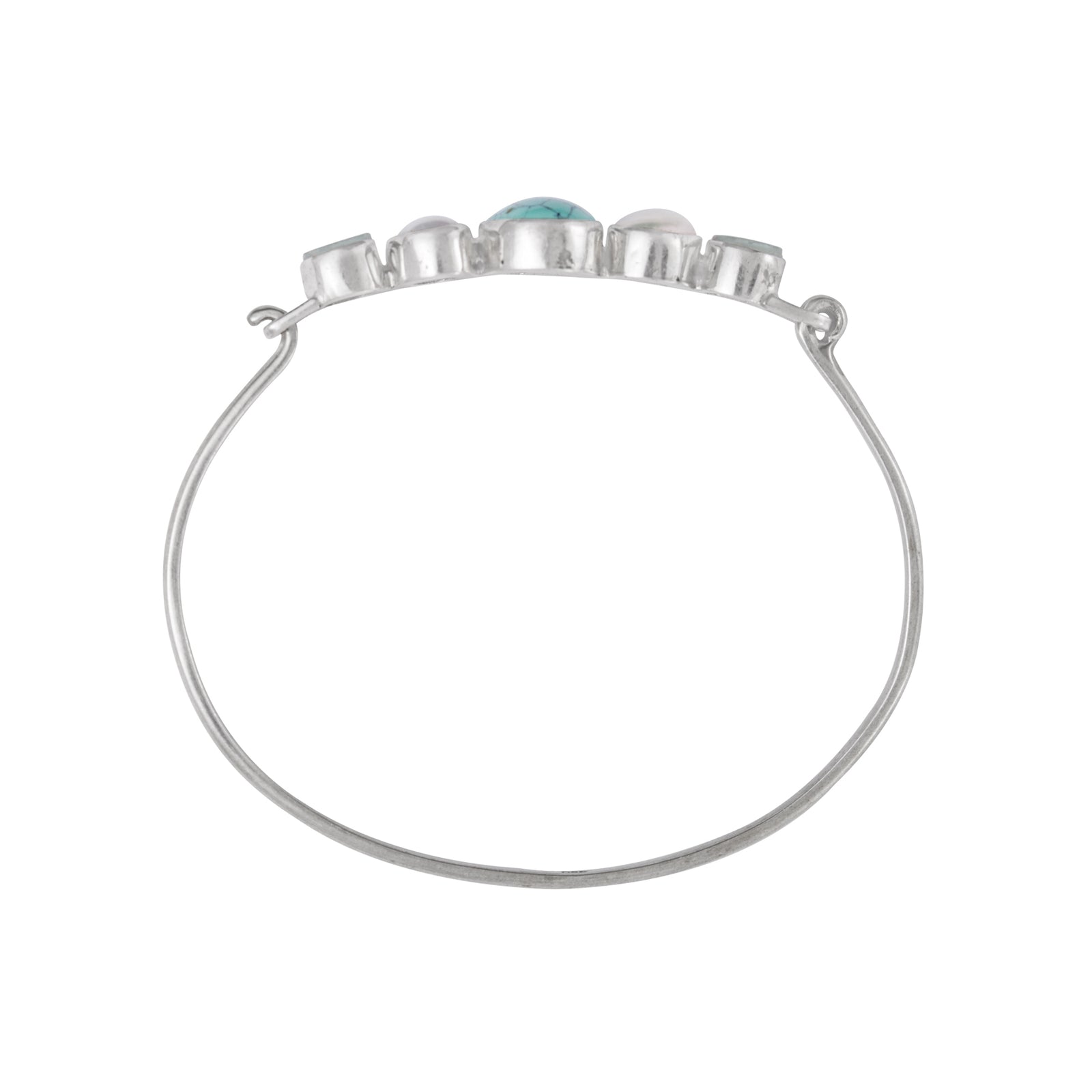 Sterling Silver Bracelet With Turquoise Oval, Pearl Keishi, Sea Glass Aqua