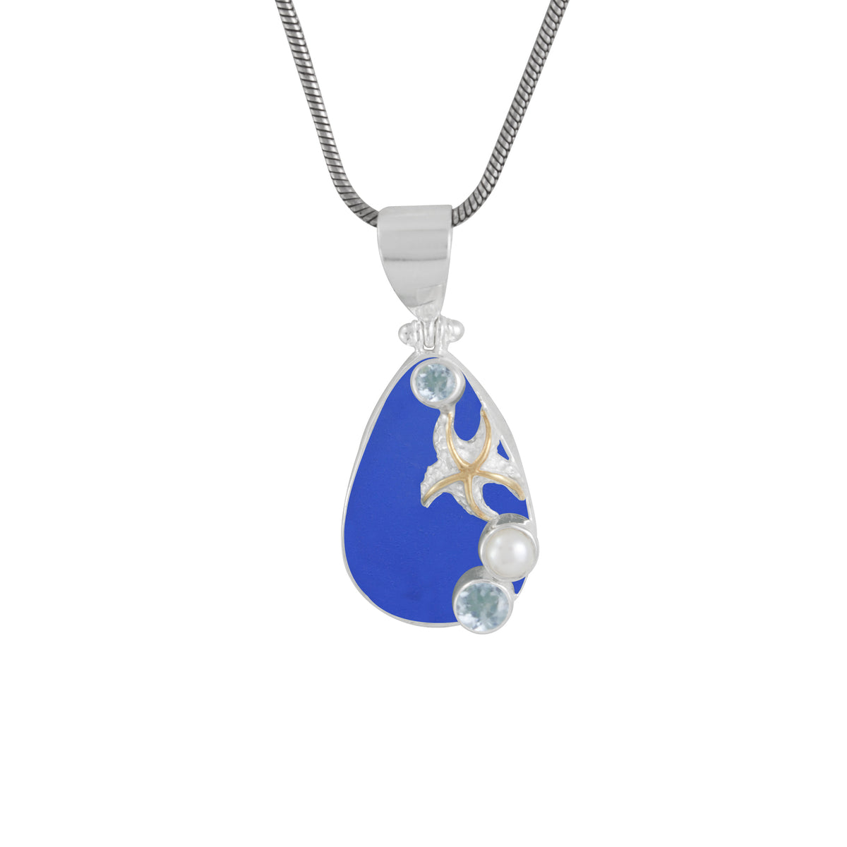 Cobalt Blue Sea Glass Pendant with Cascading Gems and Starfish
