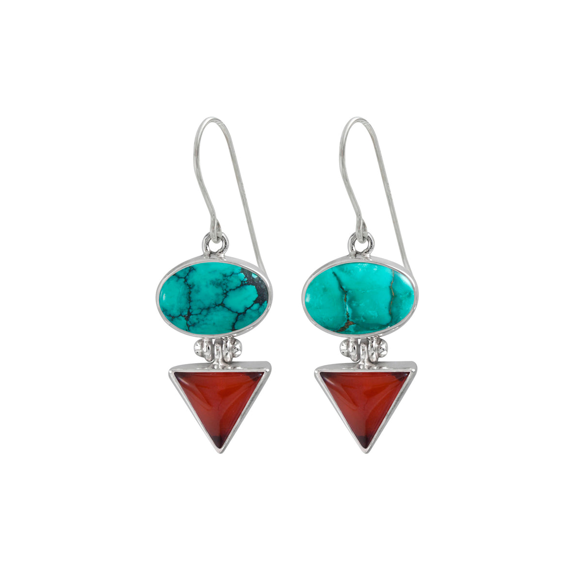 Sterling Silver Earring With Turquoise Oval, Amber Triangle Stone