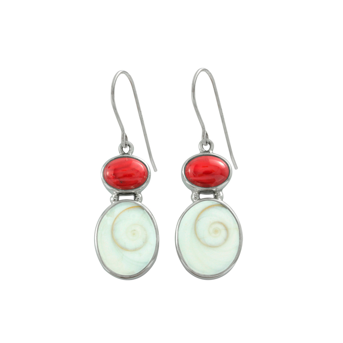Silver Earring With Sponge Coral Oval &amp; Spirall Shell Drop
