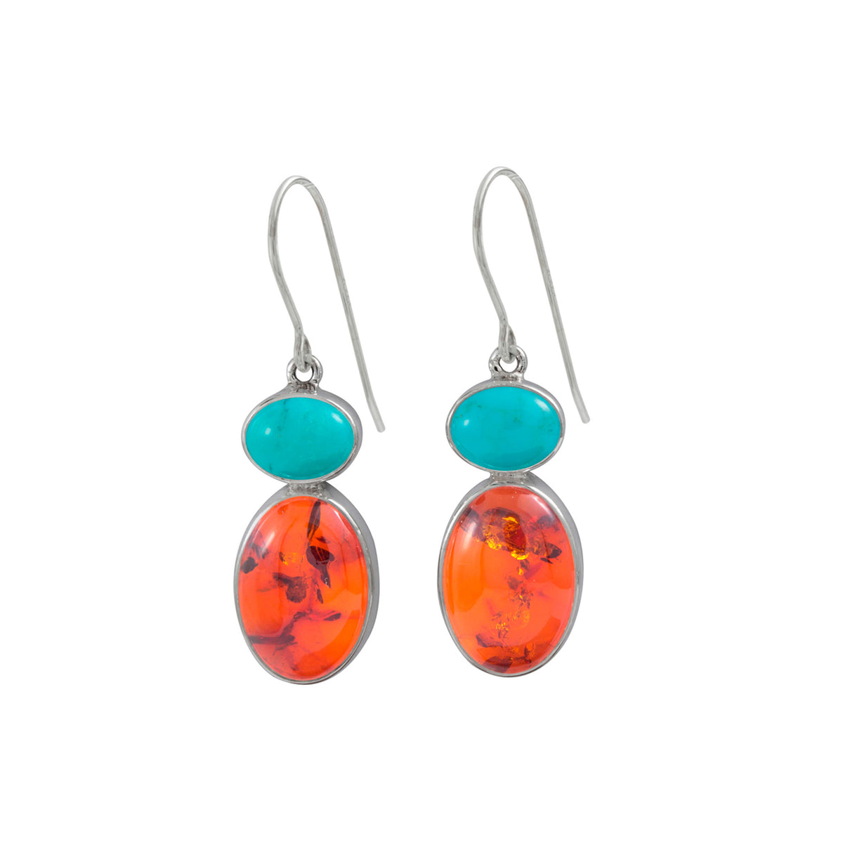 Silver Earring With Turquoise &amp; Amber Oval Drop