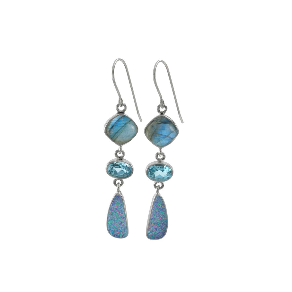Silver Earring With Laboradite SQ Cush Checker, Blue Topaz , And Opal Free Form