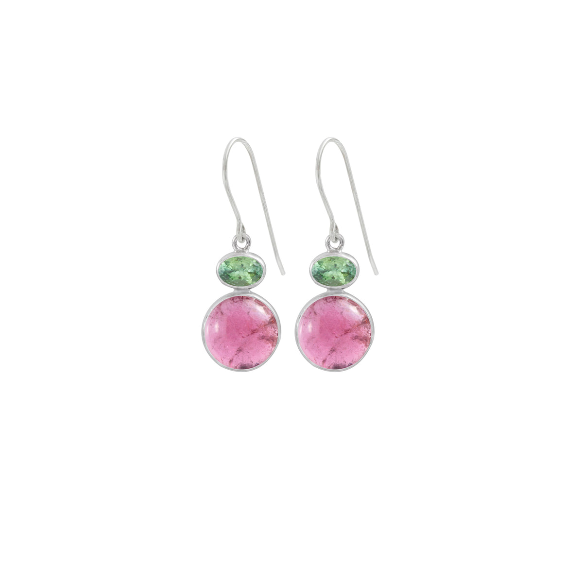 Sterling Silver Earring With Green &amp; Pink Tourmaline Cab
