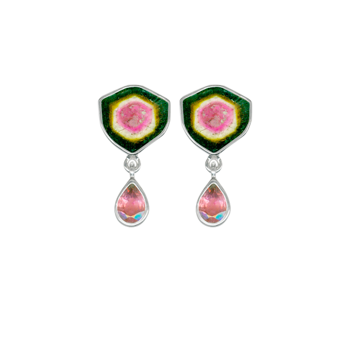 Sterling Silver Earring With Watermelon Free Form &amp; Pink Tourmaline Pear Facet Drop