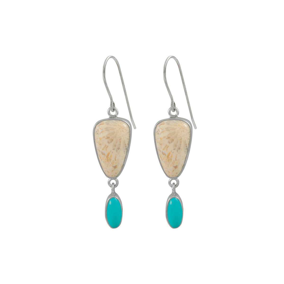 Sterling Silver Earring With Coral Tongue, Turquoise Oval Drop