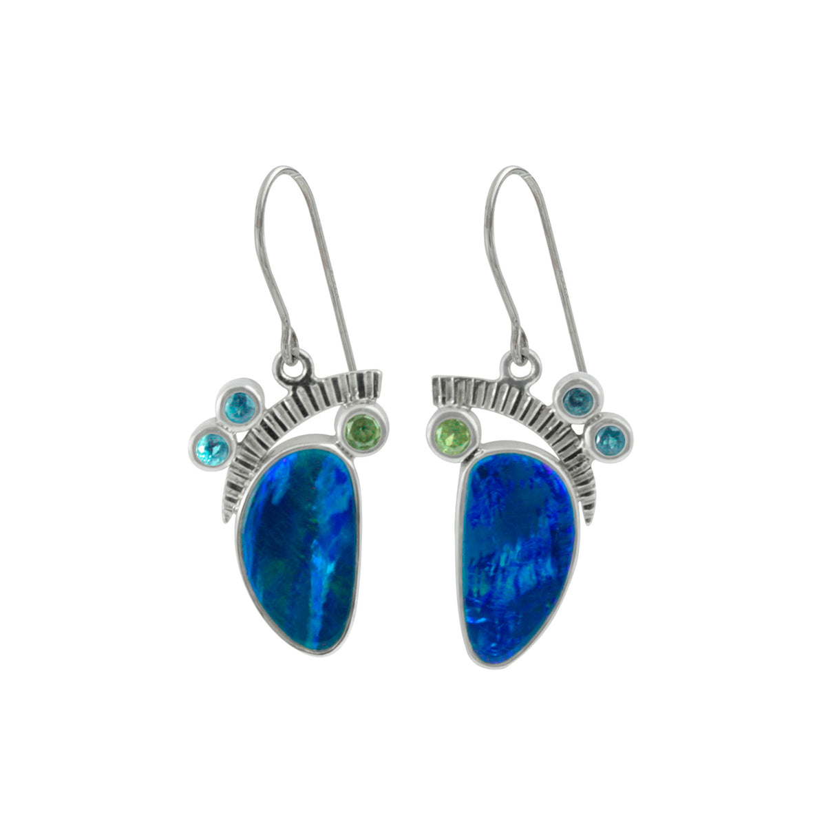 Stunning Opal Doublet Earrings accented with Peridot &amp; Blue Topaz