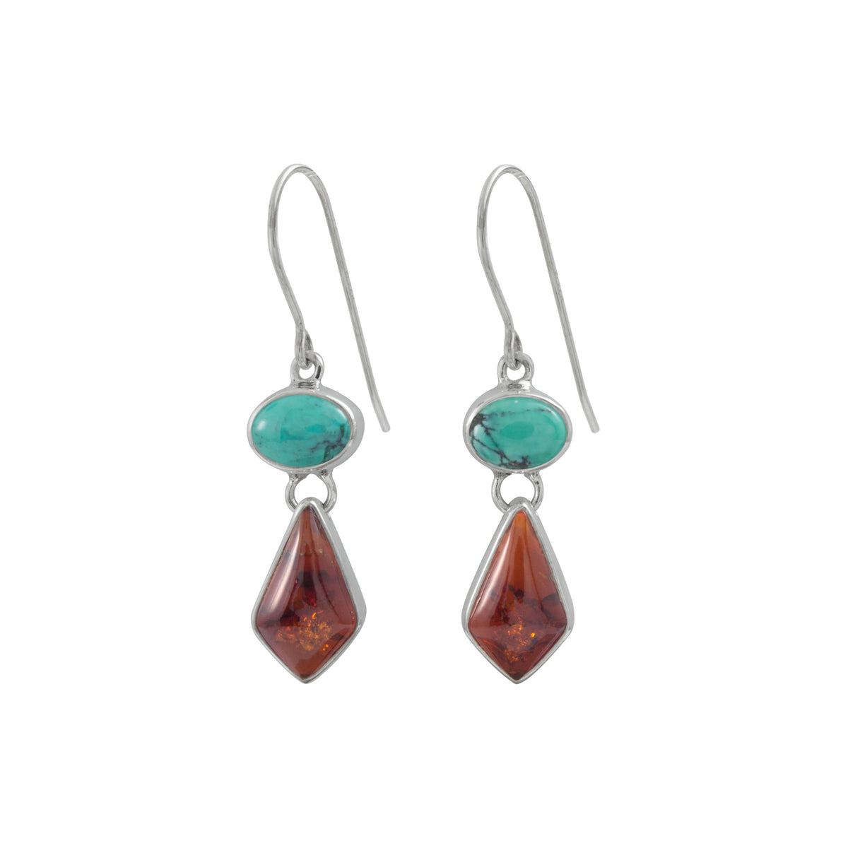 Sterling Silver Earring With Oval Turquoise, Drop Kite Amber Stone