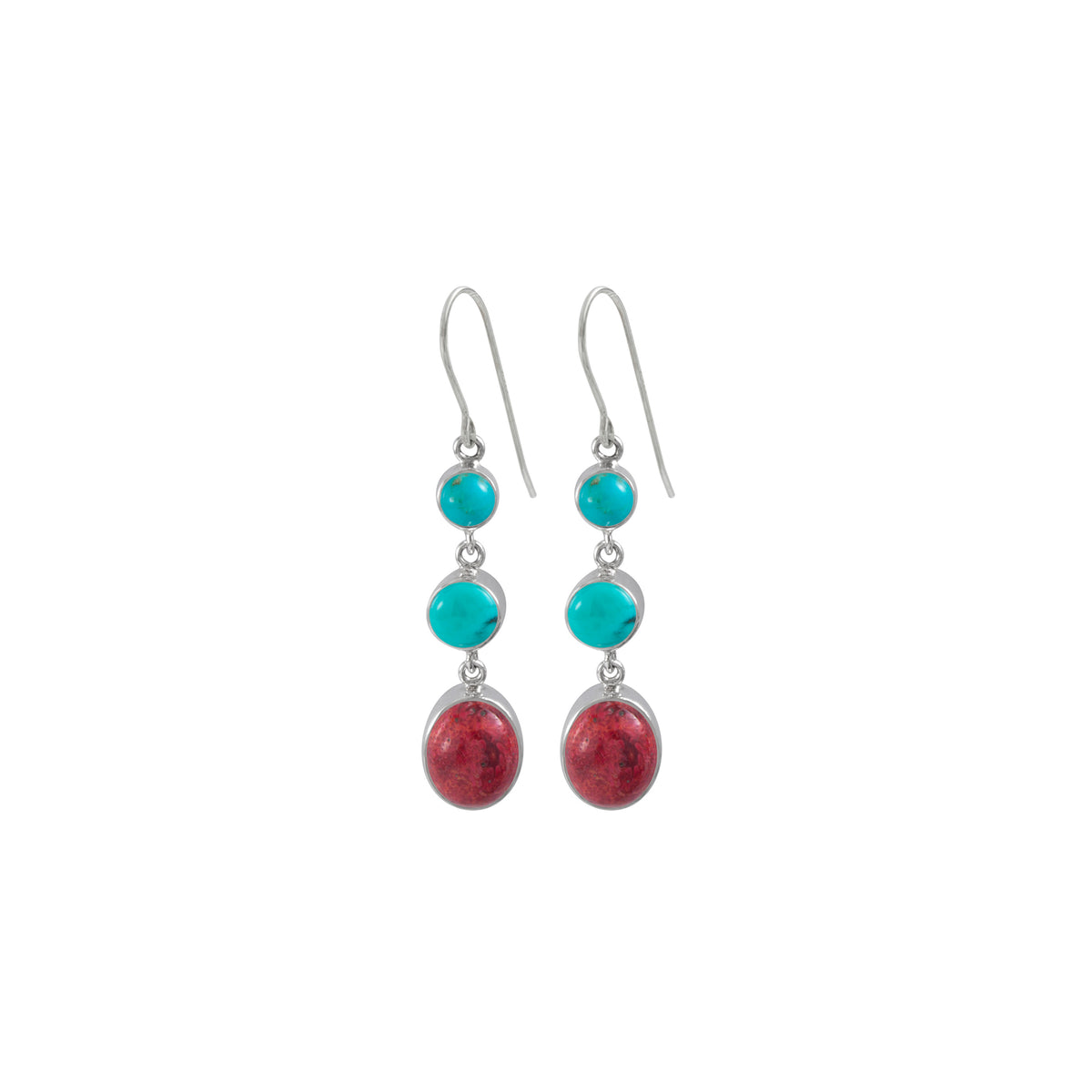 Sterling Silver Earring With 2 stone Turquoise Round, Coral Oval Drop