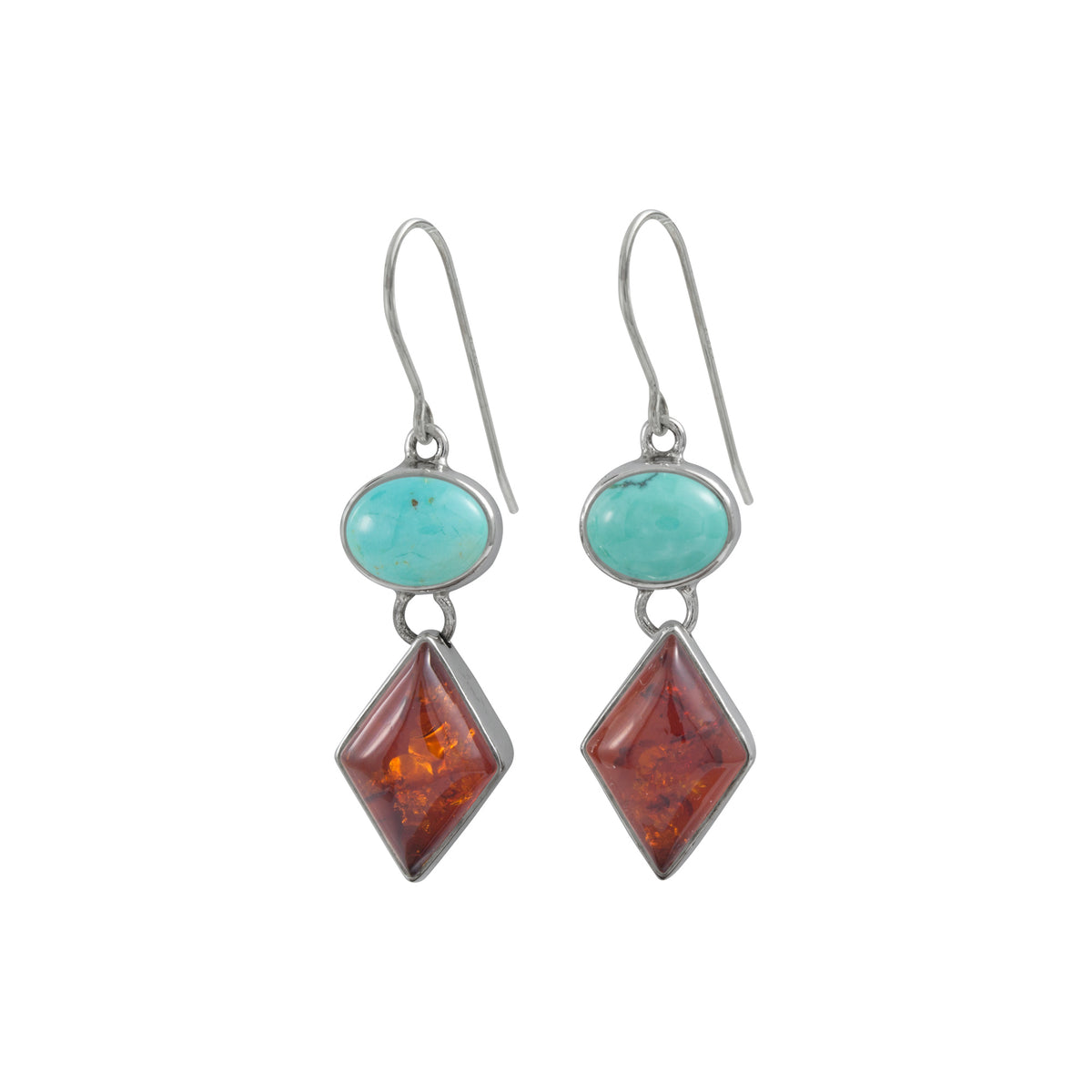 Sterling Silver Earring With Turquoise Oval And Amber Diamond Drop