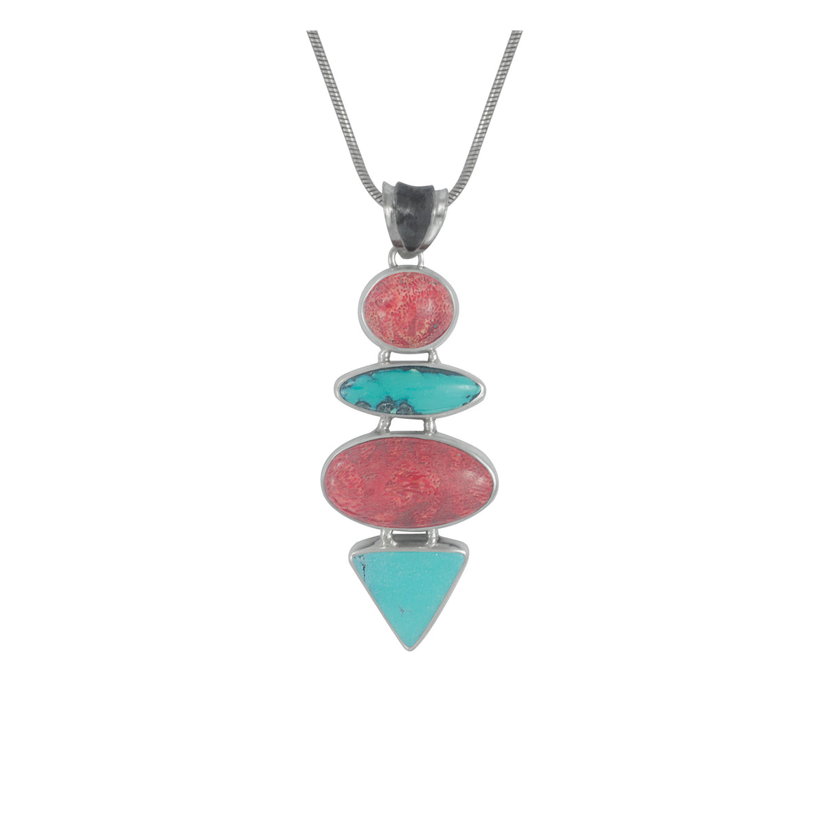 Sterling Silver Pendant With Turquoise And Sponge Coral Oval
