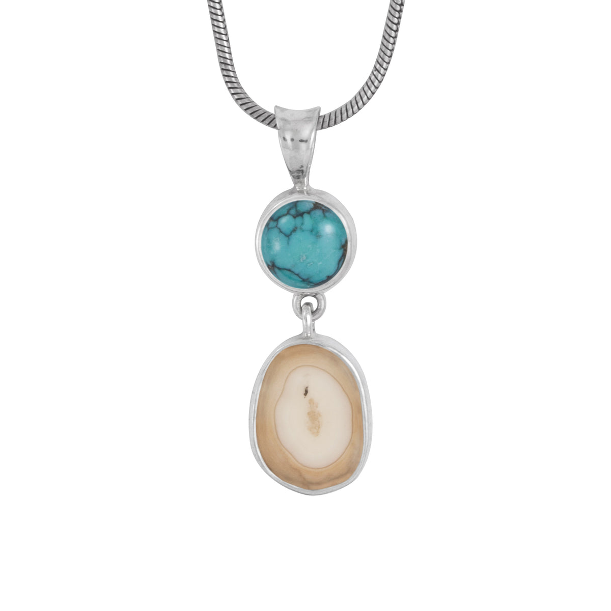 Sterling Silaver Pendant With Turquose Round, Fossil Ivory Drop