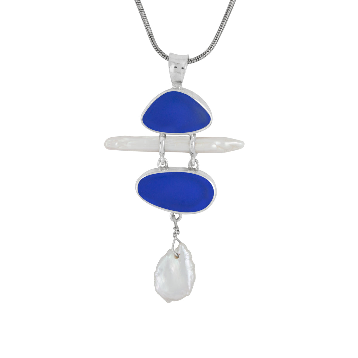 Silver Pendant With Hammered Bale Component With Sea Glass Blue, Pearl Stick, Bead pearl